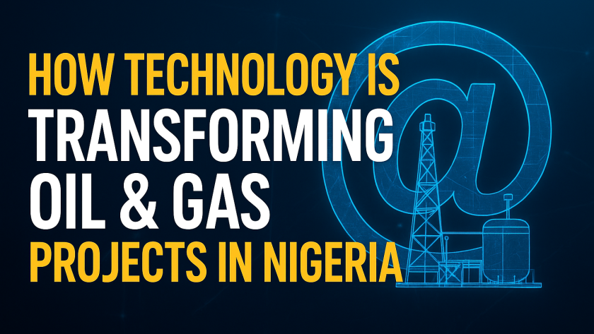Featured image for Blackstone blog post: How Technology is Transforming Oil & Gas Projects in Nigeria. Oil rig silhouette with digital network overlay and technology icons in Blackstone brand colors.