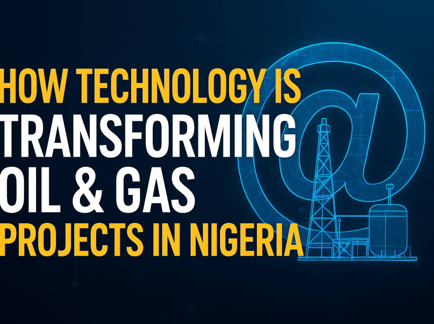 Featured image for Blackstone blog post: How Technology is Transforming Oil & Gas Projects in Nigeria. Oil rig silhouette with digital network overlay and technology icons in Blackstone brand colors.