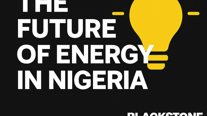Blackstone blog featured image on Nigeria Energy Transition showing solar panels, oil rigs, and transmission lines with text overlay about bridging the $10B gap.