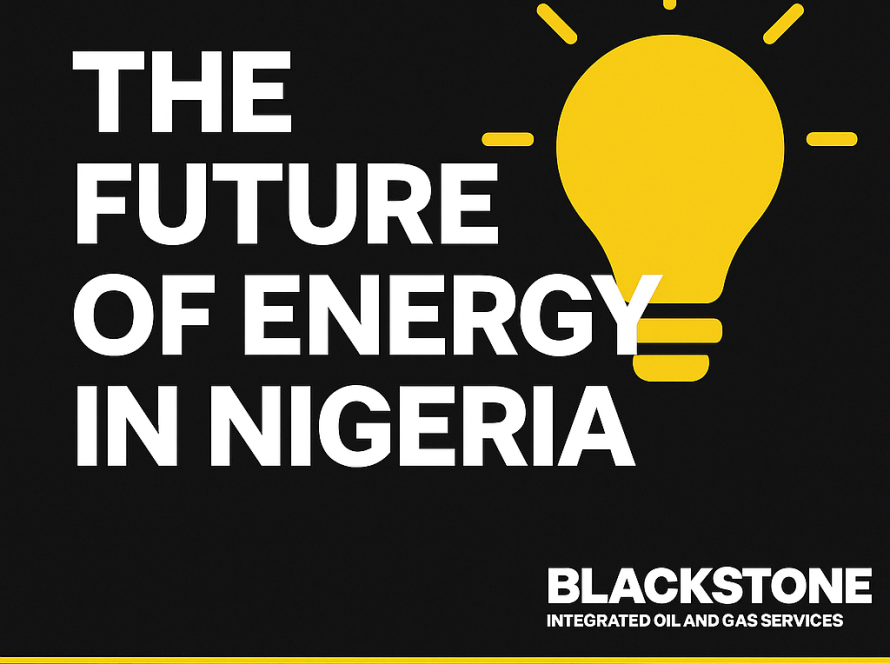 Blackstone blog featured image on Nigeria Energy Transition showing solar panels, oil rigs, and transmission lines with text overlay about bridging the $10B gap.